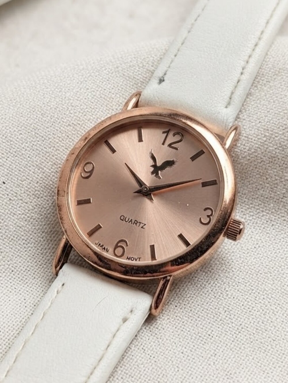 American Eagle Outfitters Rose Gold Quartz White Leather Strap Watch
